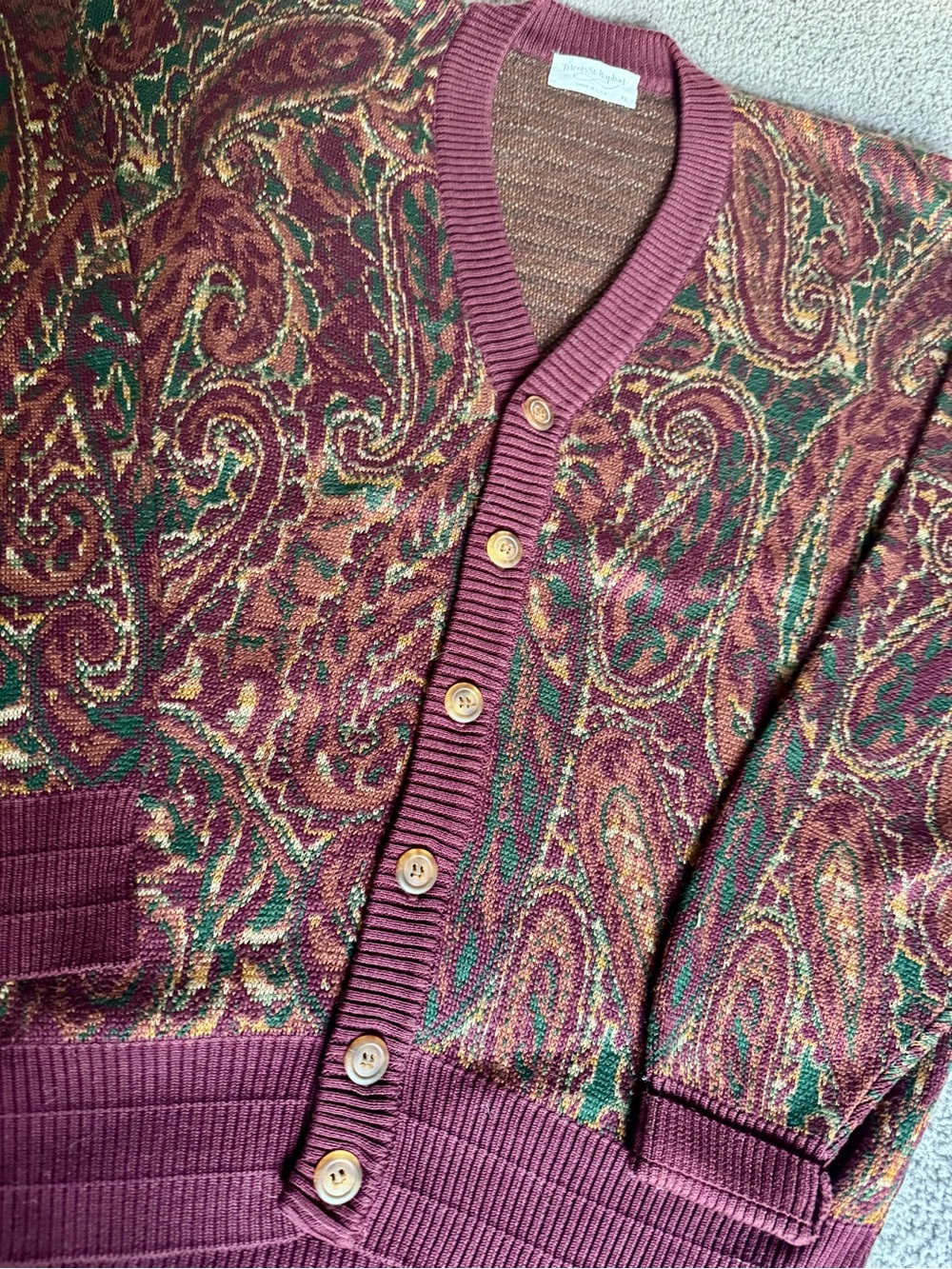 Vintage Paisley Button-Up Cardigan in Burgundy and Green - Picture 2 of 9